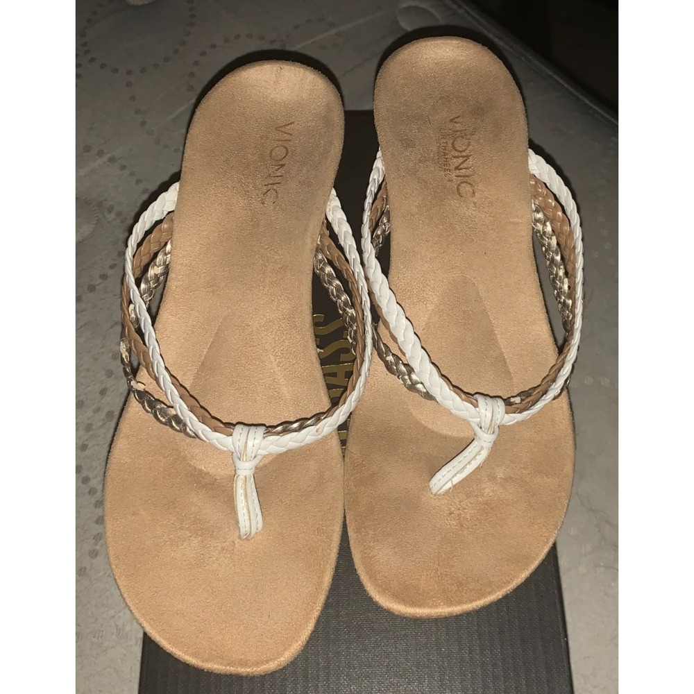 Vionic Orthaheel Wedge Heel Flip‎ Flop Sandals Gold and White Sz 8